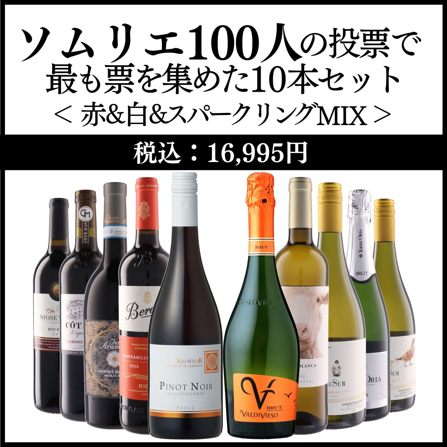 ソムリエ100人の投票で最も票を集めた10本セット＜赤&白&スパークリングMIX＞