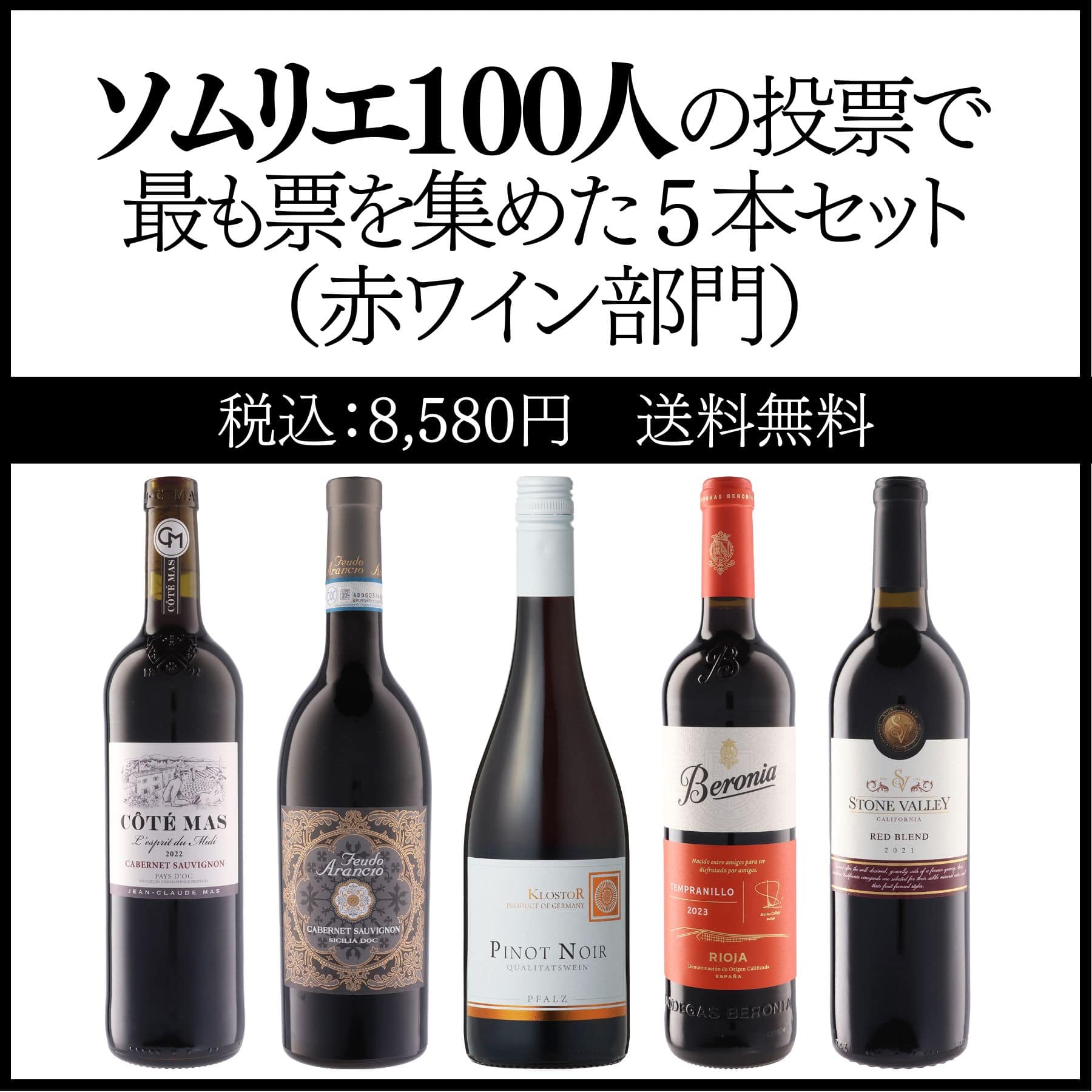 ソムリエ100人の投票で最も票を集めた5本セット＜赤ワイン部門2025＞